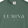 lumina-little-heart-tee-blue-spruce-chest Close-up of the Lumina Little Heart print on a Blue Spruce Comfort Colors 1717 tee