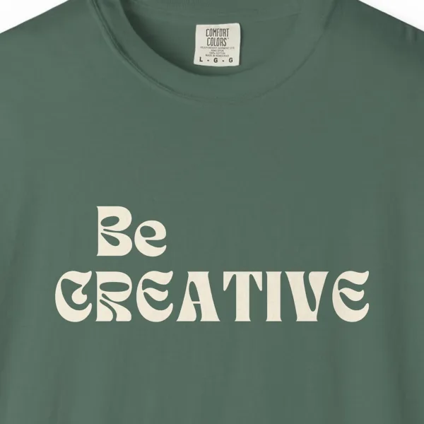 made-to-create-tee-blue-spruce-chest Close-up of the Made to Create print on a Blue Spruce Comfort Colors 1717 tee