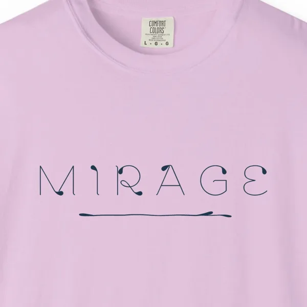 Close-up of the Mirage Hairline print on a Orchid Comfort Colors 1717 tee