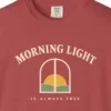 morning-light-is-always-free-tee-crimson-chest Close-up of the Morning Light Is Always Free print on a Crimson Comfort Colors 1717 tee