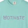 Close-up of the Motivate print on a Chalky Mint Comfort Colors 1717 tee