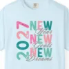 Close-up of the New Goals New Dreams print on a Chambray Comfort Colors 1717 tee