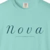 Close-up of the Nova Italic print on a Chalky Mint Comfort Colors 1717 tee