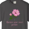 nurture-your-inner-garden-tee-graphite-chest Close-up of the Nurture Your Inner Garden print on a Graphite Comfort Colors 1717 tee
