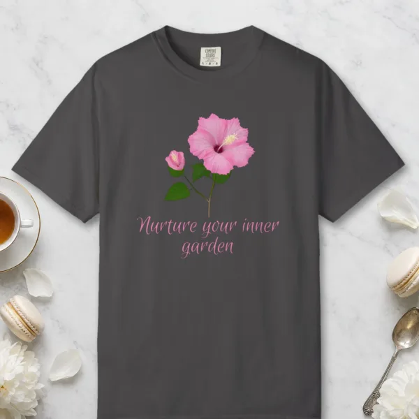 nurture-your-inner-garden-tee-graphite-front Nurture Your Inner Garden design on a Graphite Comfort Colors 1717 tee, laid flat