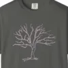 Close-up of the Old Gnarled Tree print on a Pepper Comfort Colors 1717 tee