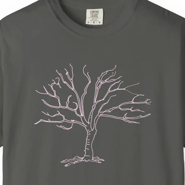 Close-up of the Old Gnarled Tree print on a Pepper Comfort Colors 1717 tee
