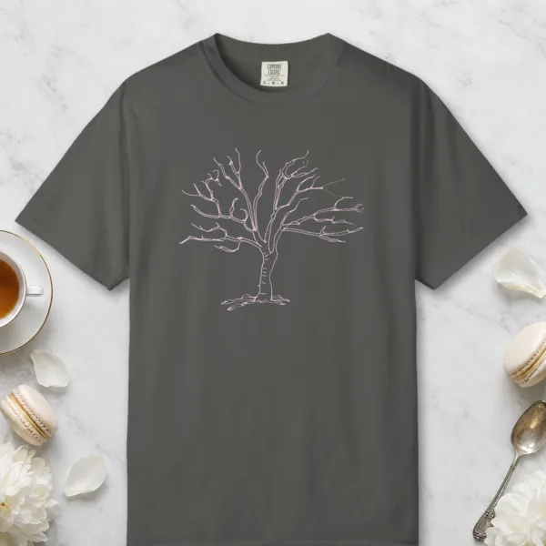 Old Gnarled Tree design on a Pepper Comfort Colors 1717 tee, laid flat