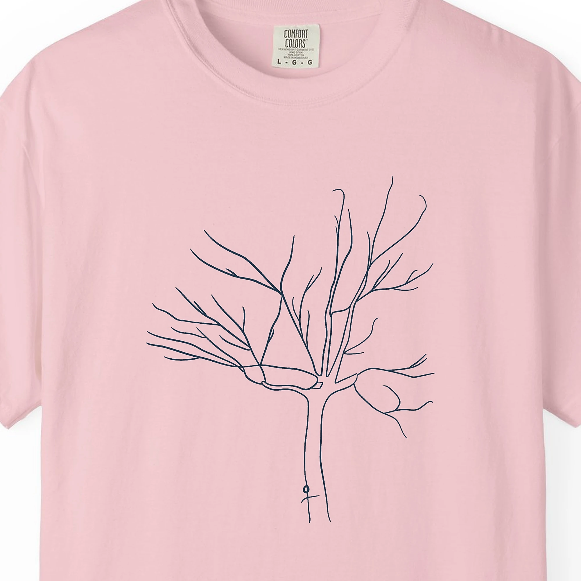 Close-up of the Open Branches print on a Blossom Comfort Colors 1717 tee