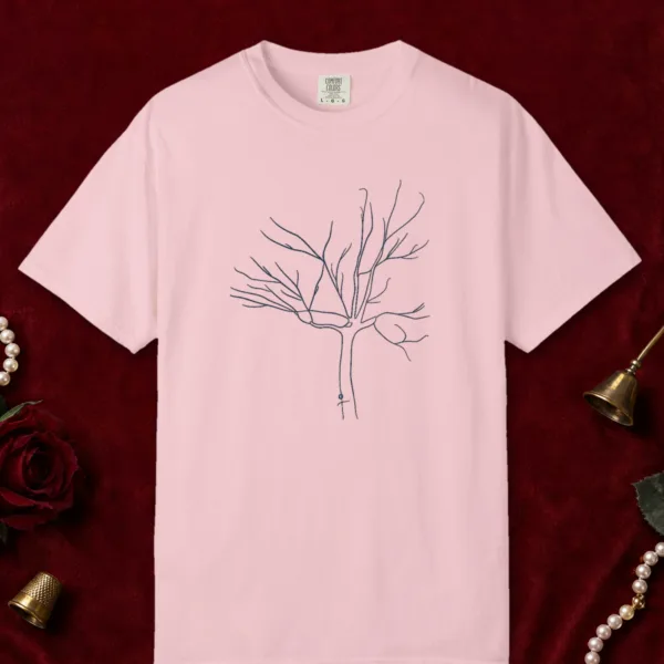 Open Branches design on a Blossom Comfort Colors 1717 tee, laid flat