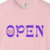 Close-up of the Open to Wonder print on a Blossom Comfort Colors 1717 tee