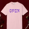 Open to Wonder design on a Blossom Comfort Colors 1717 tee, laid flat