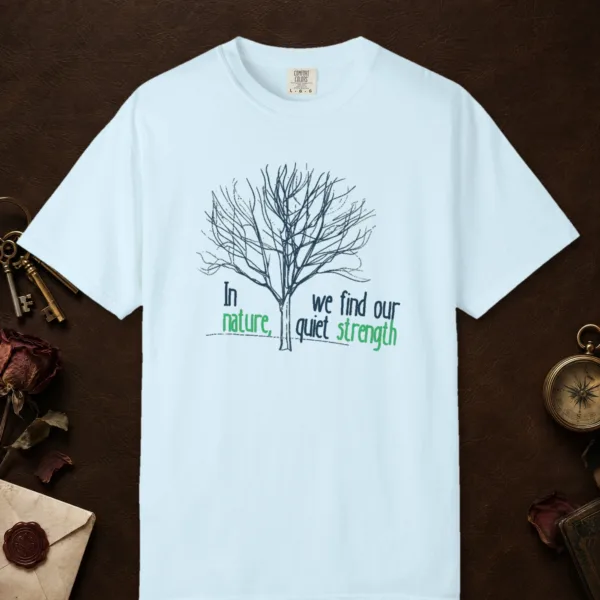 our-quiet-strength-tee-chambray-front Our Quiet Strength design on a Chambray Comfort Colors 1717 tee, laid flat