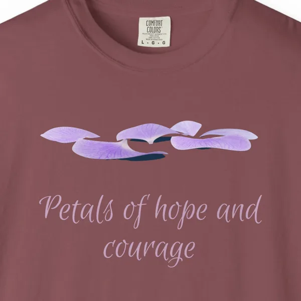 Close-up of the Petals of Hope print on a Brick Comfort Colors 1717 tee