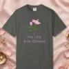 Pink Hibiscus Joy design on a Pepper Comfort Colors 1717 tee, laid flat