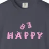 playful-happiness-tee-navy-chest Close-up of the Playful Happiness print on a Navy Comfort Colors 1717 tee
