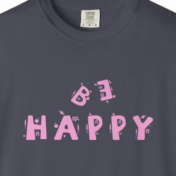 playful-happiness-tee-navy-chest Close-up of the Playful Happiness print on a Navy Comfort Colors 1717 tee