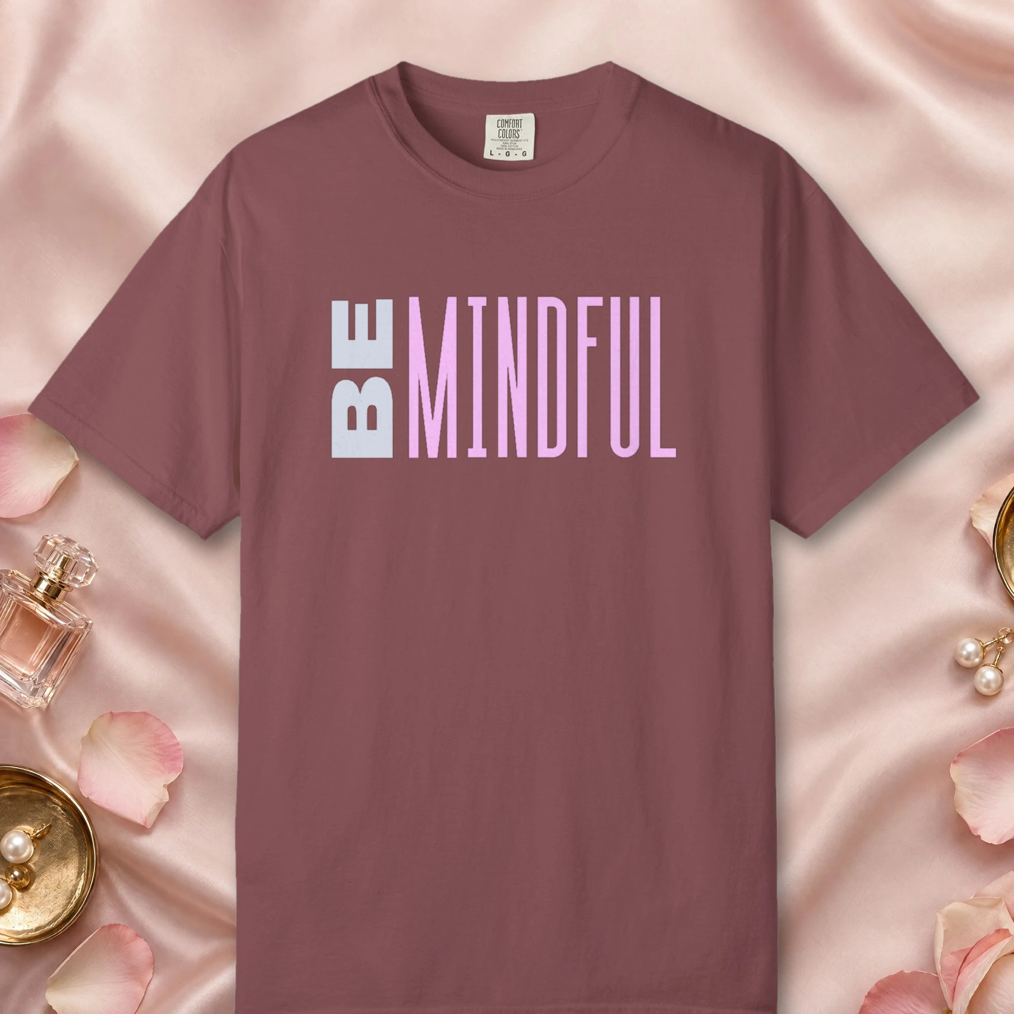 Present Moment design on a Brick Comfort Colors 1717 tee, laid flat