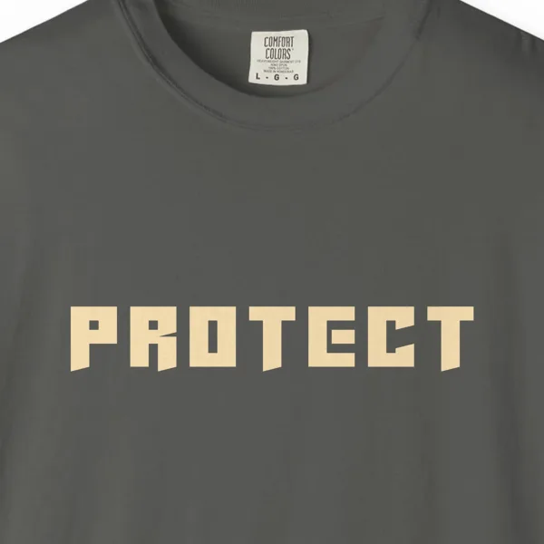 protect-tee-pepper-chest Close-up of the Protect print on a Pepper Comfort Colors 1717 tee