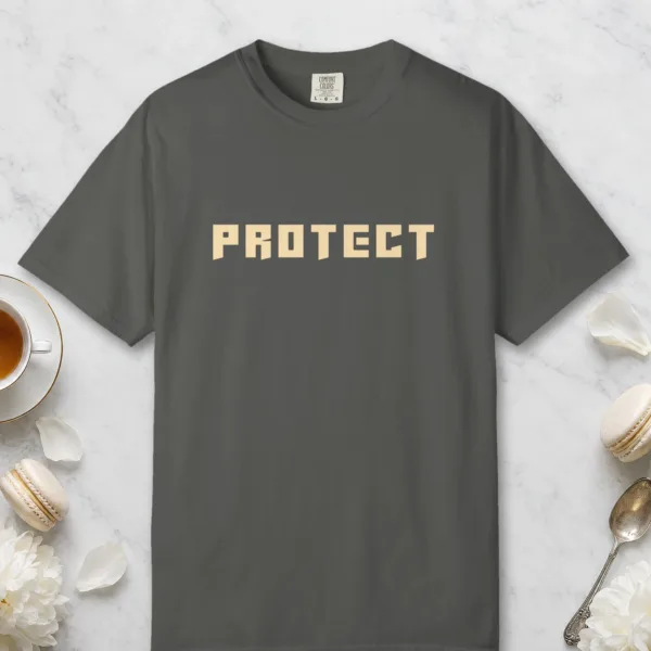 protect-tee-pepper-front Protect design on a Pepper Comfort Colors 1717 tee, laid flat