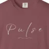 Close-up of the Pulse in Flowing Hand print on a Brick Comfort Colors 1717 tee