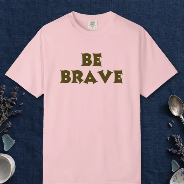 Quiet Courage design on a Blossom Comfort Colors 1717 tee, laid flat
