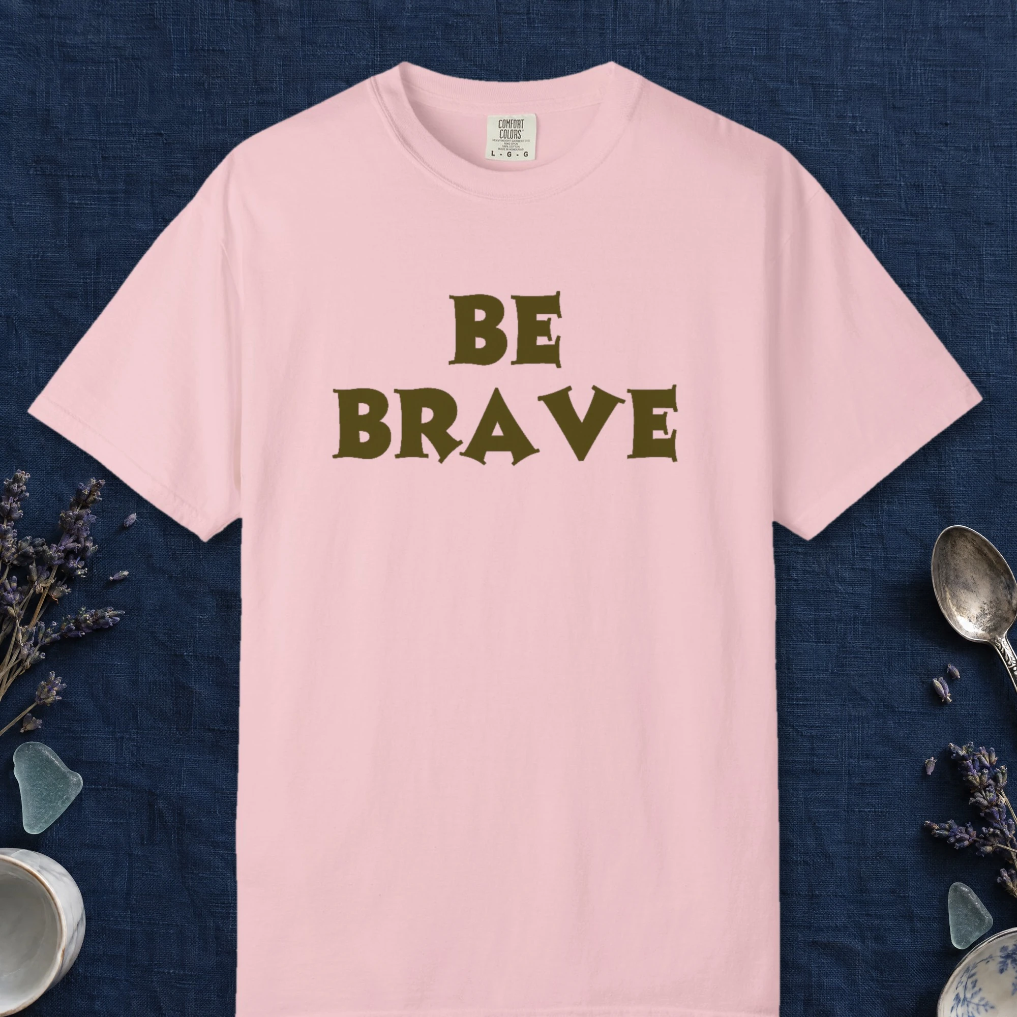 Quiet Courage design on a Blossom Comfort Colors 1717 tee, laid flat