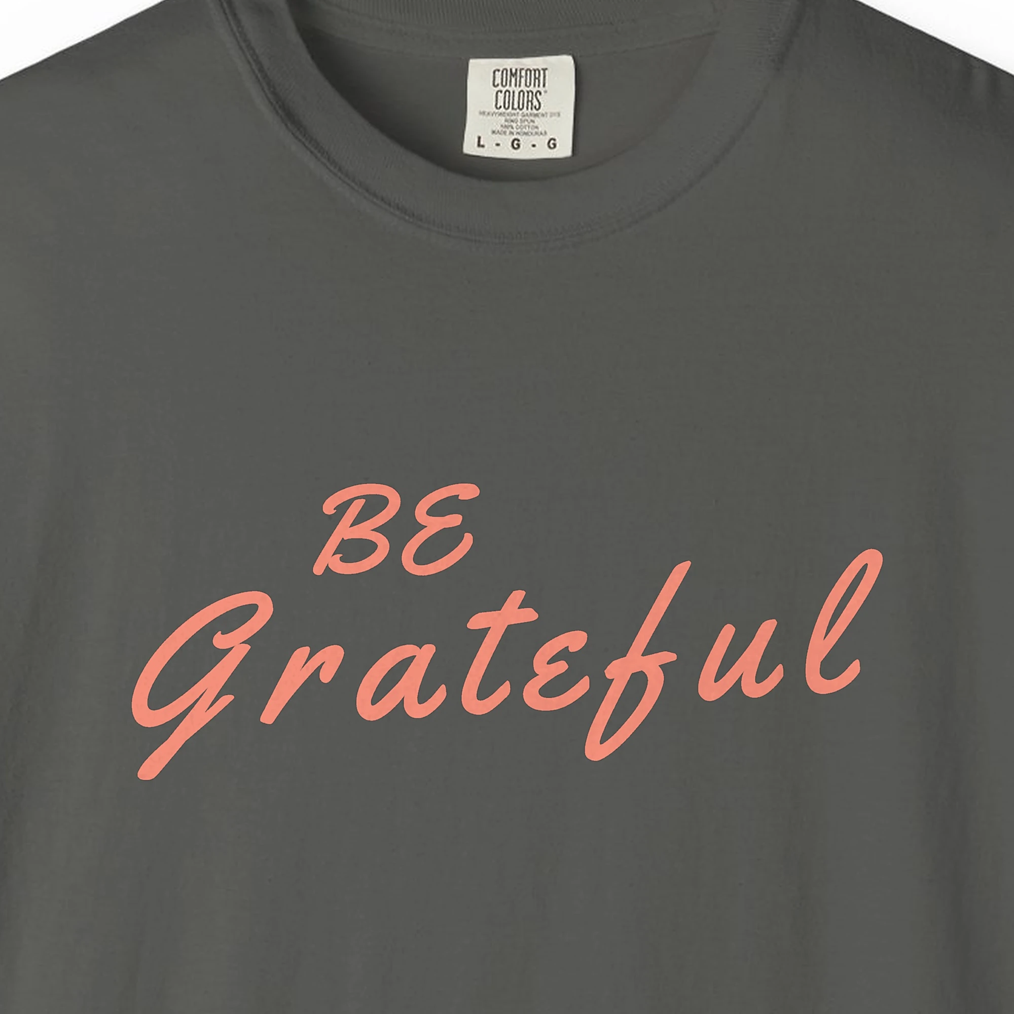 Close-up of the Quiet Gratitude print on a Pepper Comfort Colors 1717 tee