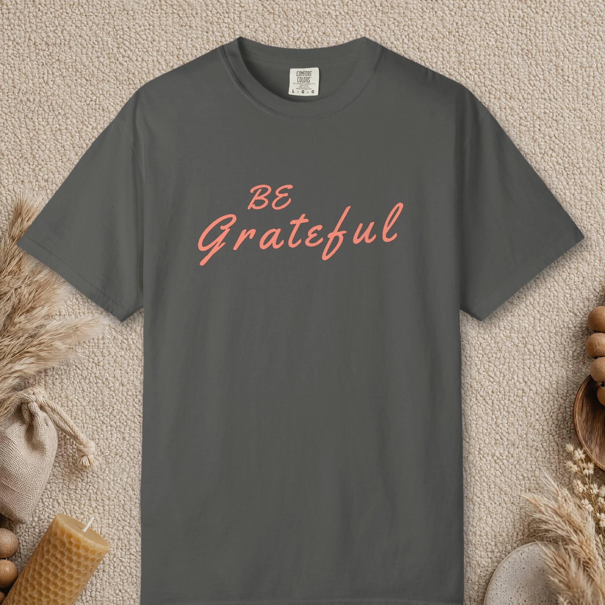 Quiet Gratitude design on a Pepper Comfort Colors 1717 tee, laid flat