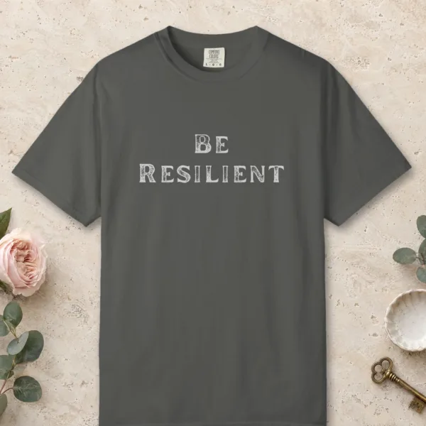quiet-resilience-tee-pepper-front Quiet Resilience design on a Pepper Comfort Colors 1717 tee, laid flat