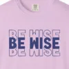 Close-up of the Quiet Wisdom print on a Orchid Comfort Colors 1717 tee