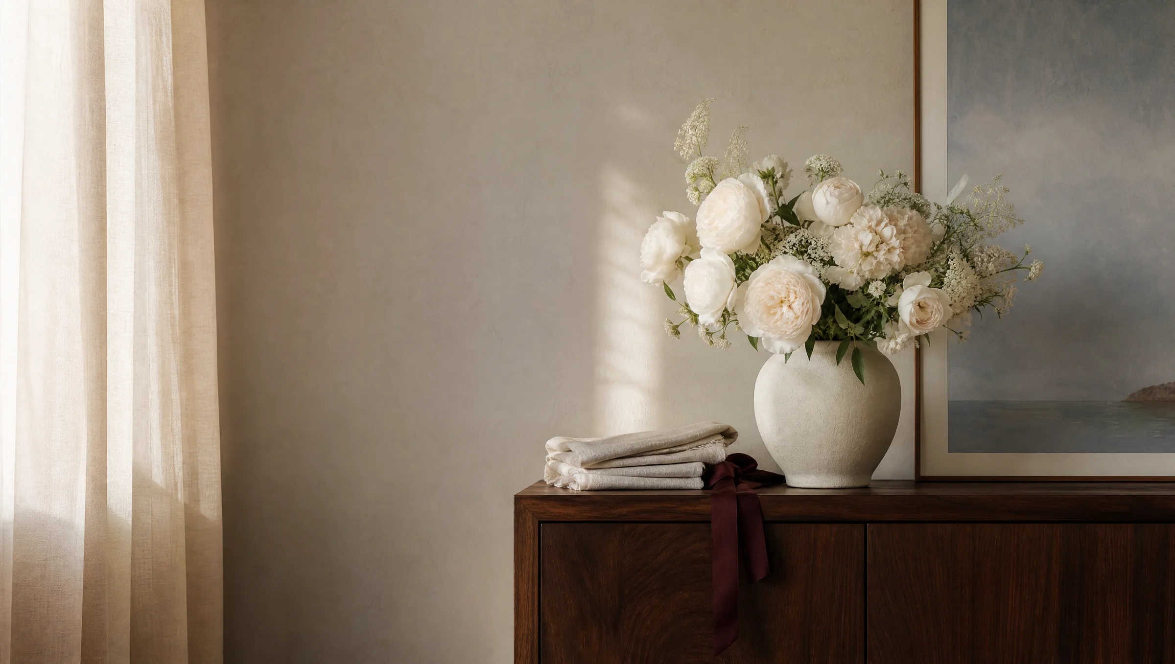 White peonies and garden roses in a pale vase on a walnut sideboard in soft morning light