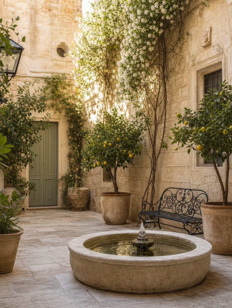 A limestone courtyard with a small fountain, lemon trees and jasmine