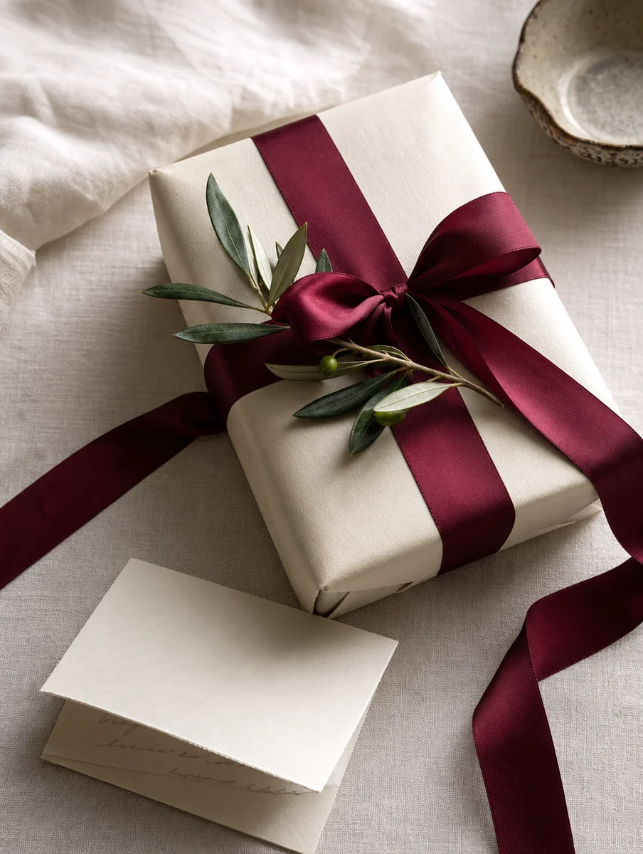 A gift wrapped in cream paper and a maroon satin ribbon with a sprig of olive