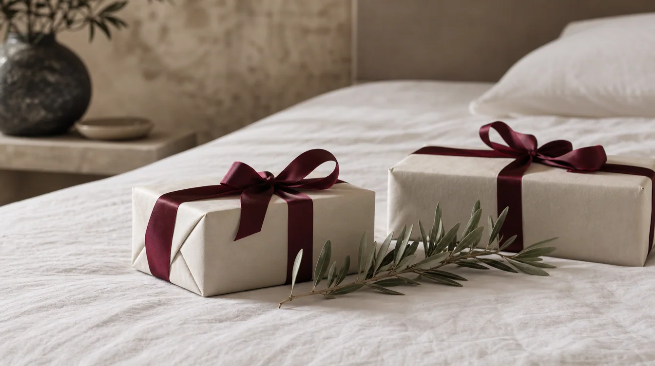 Two gifts wrapped in cream paper with deep maroon silk ribbons and an olive sprig on a linen bedspread
