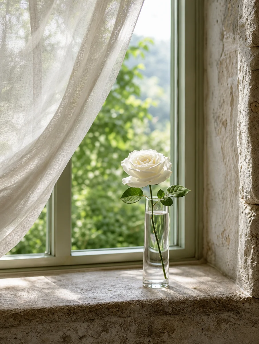 A single white rose in a glass on a stone windowsill