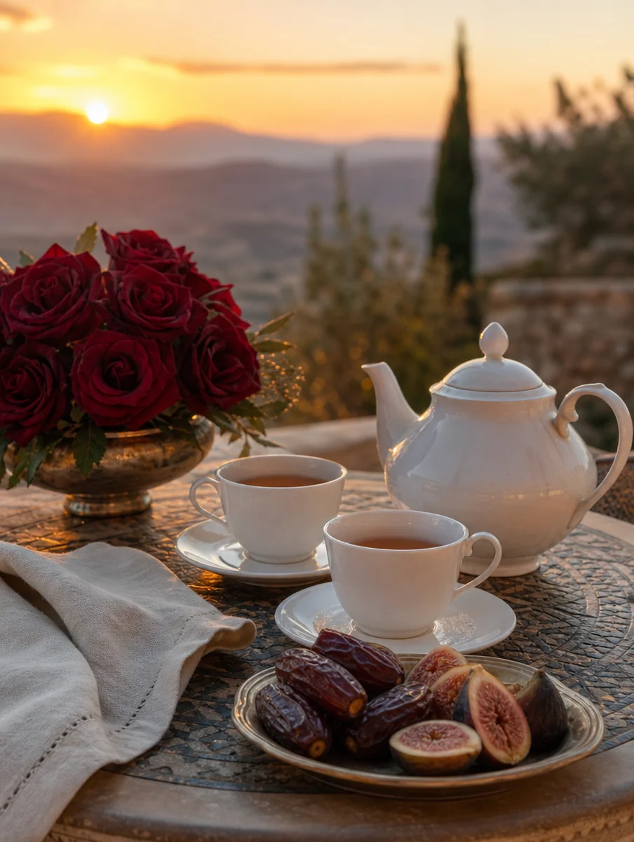 Tea for two on a terrace at sunset with dark red roses, dates and figs