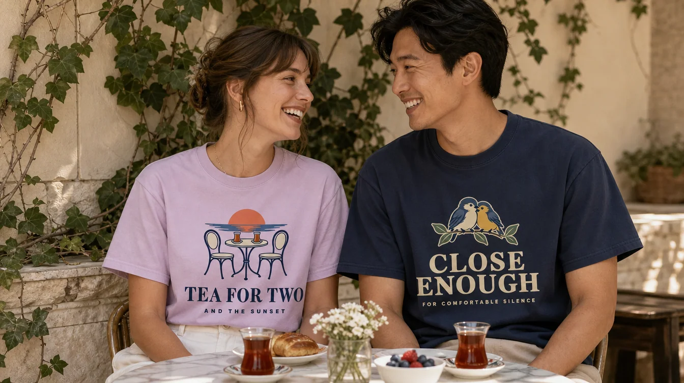 A couple laughing over breakfast and tea on a sunny terrace (the woman in the Tea for Two and the Sunset Tee in Orchid; the man in the Close Enough Tee in Navy)
