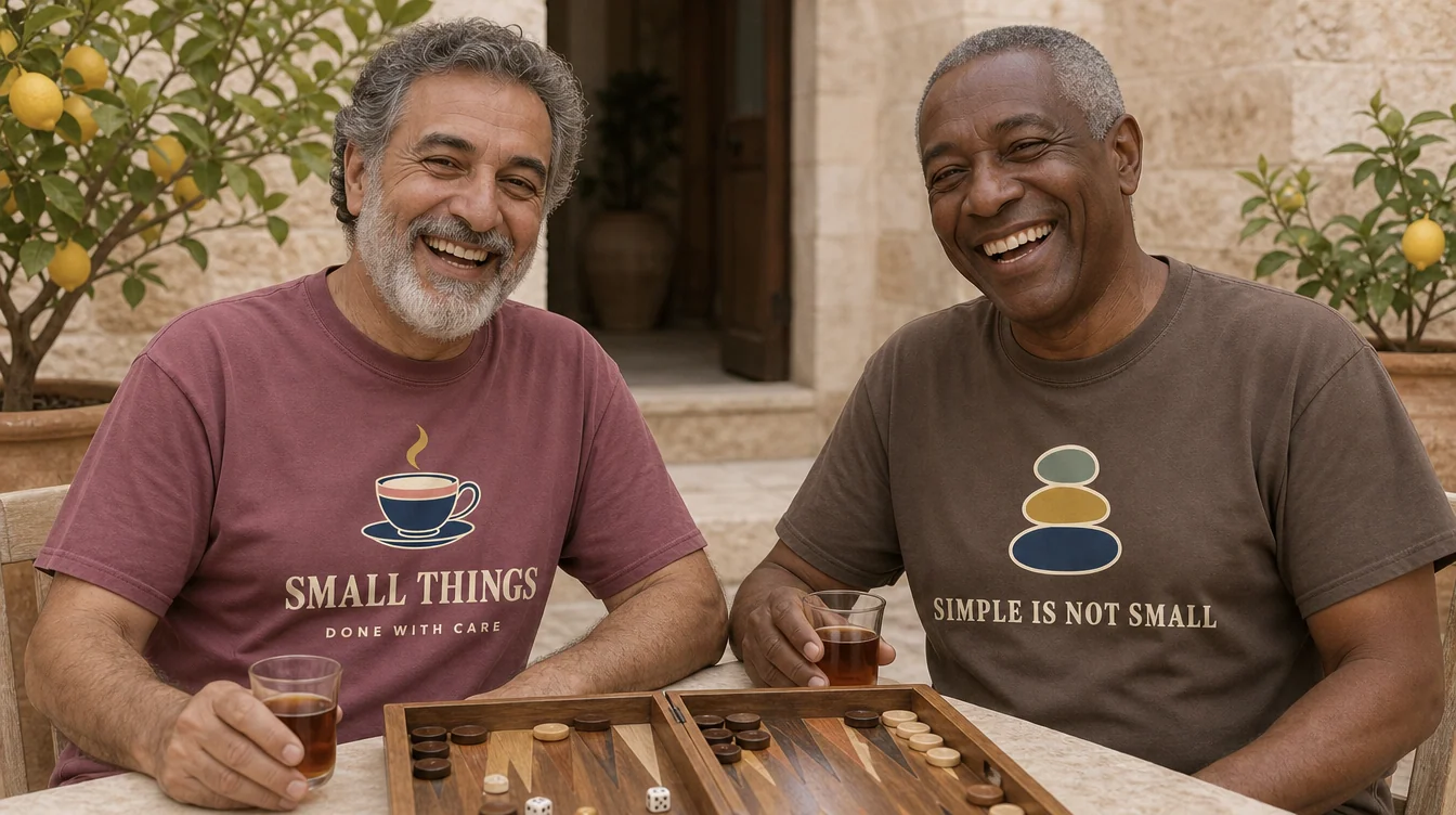Two friends laughing over tea and backgammon in a stone courtyard (the man on the left in the Small Things Done with Care Tee in Brick; the man on the right in the Simple Is Not Small Tee in Espresso)