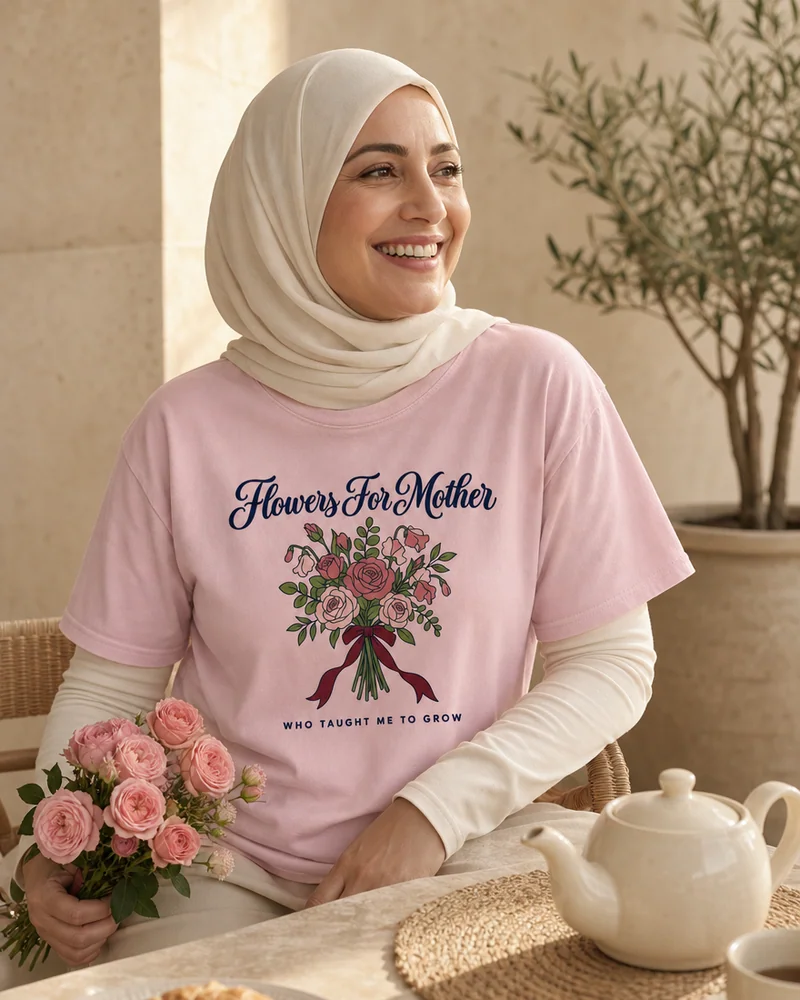 A smiling mother in a cream hijab with pink roses on Mother's Day morning (the woman in the Flowers for Mother Tee in Blossom)