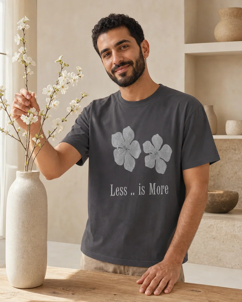 A man placing a flowering white branch in a tall ceramic vase (the man in the Less Is More Flowers Tee in Graphite)