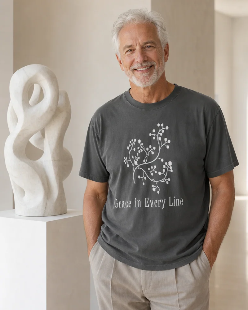 An older man beside a white marble sculpture in a quiet gallery (the man in the Grace in Every Line Tee in Pepper)