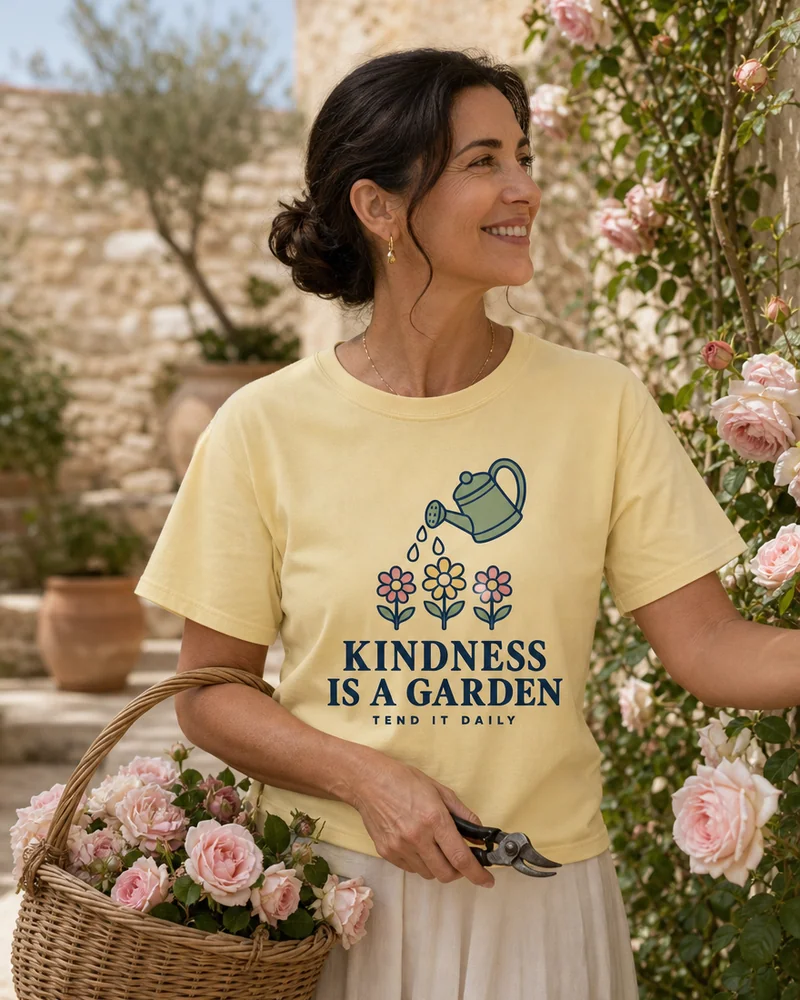 A woman cutting roses into a basket in a Mediterranean garden (the woman in the Kindness Is a Garden Tee in Butter)