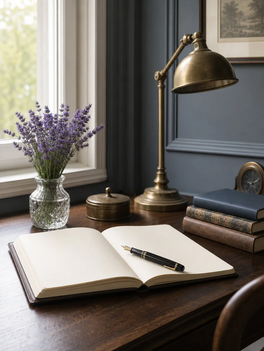 A writing desk by a window with an open notebook, a fountain pen and lavender