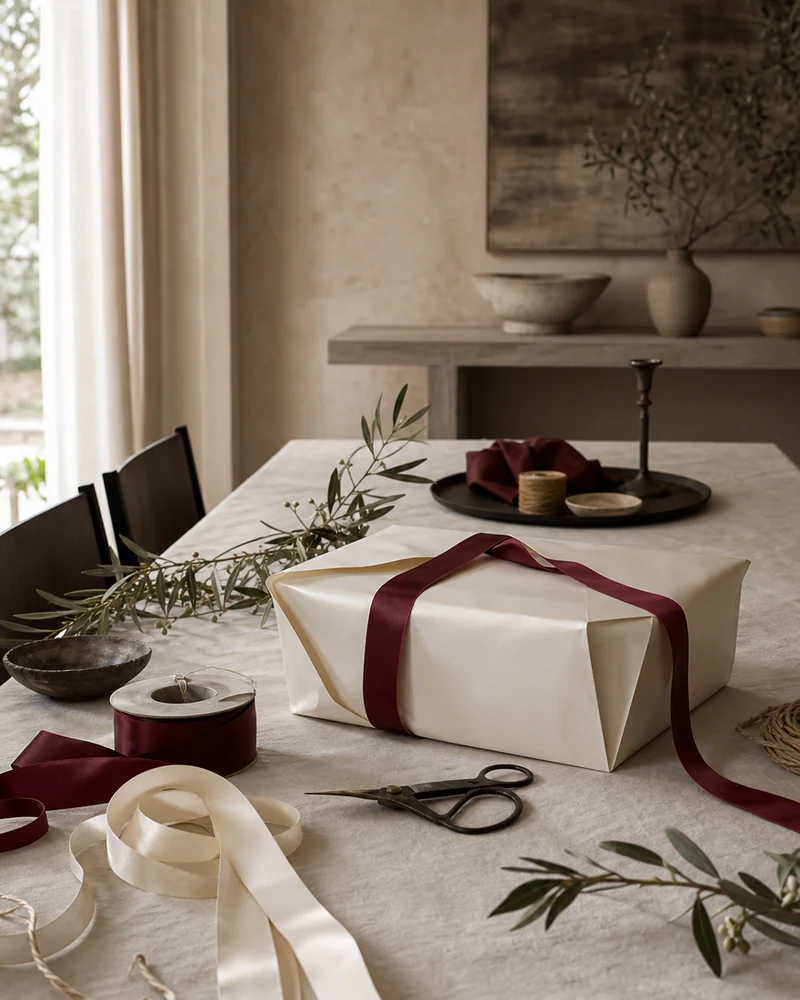 A gift being wrapped in cream paper with spools of maroon and ivory ribbon and olive sprigs