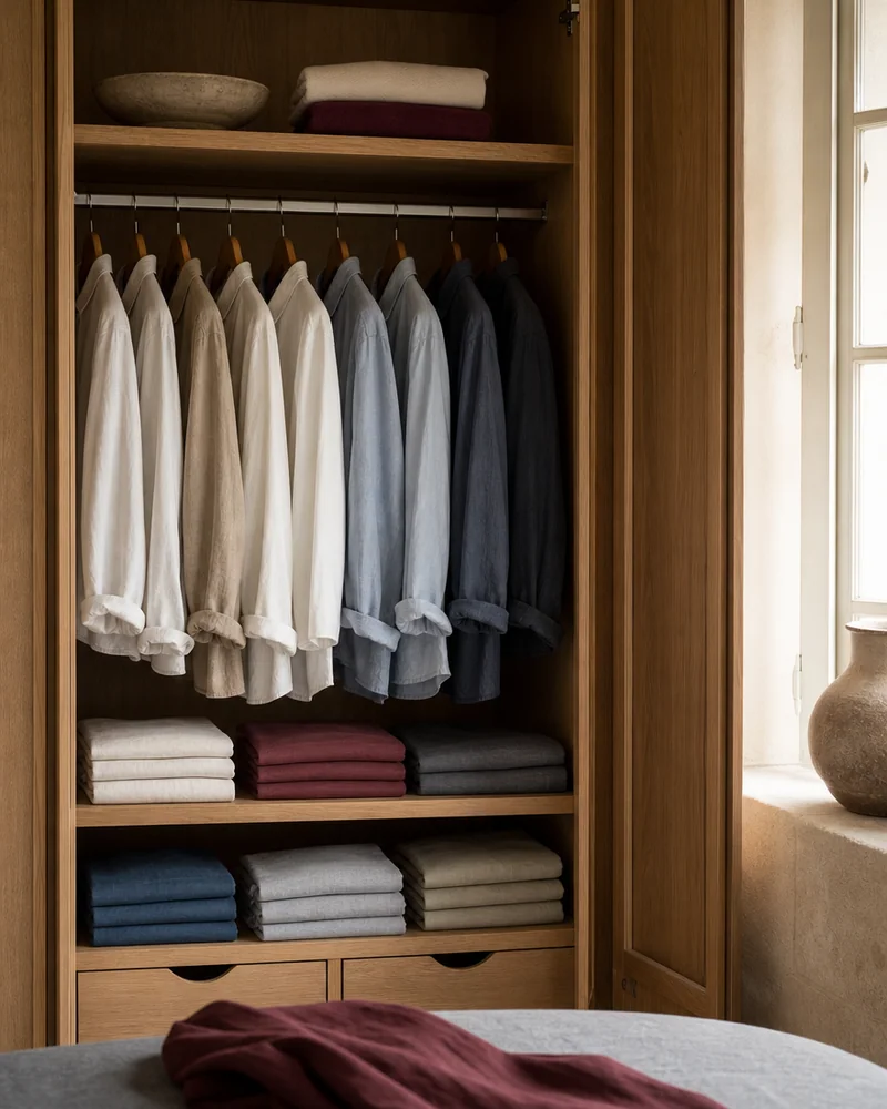 An open oak wardrobe with neatly folded tees and linen shirts on wooden hangers