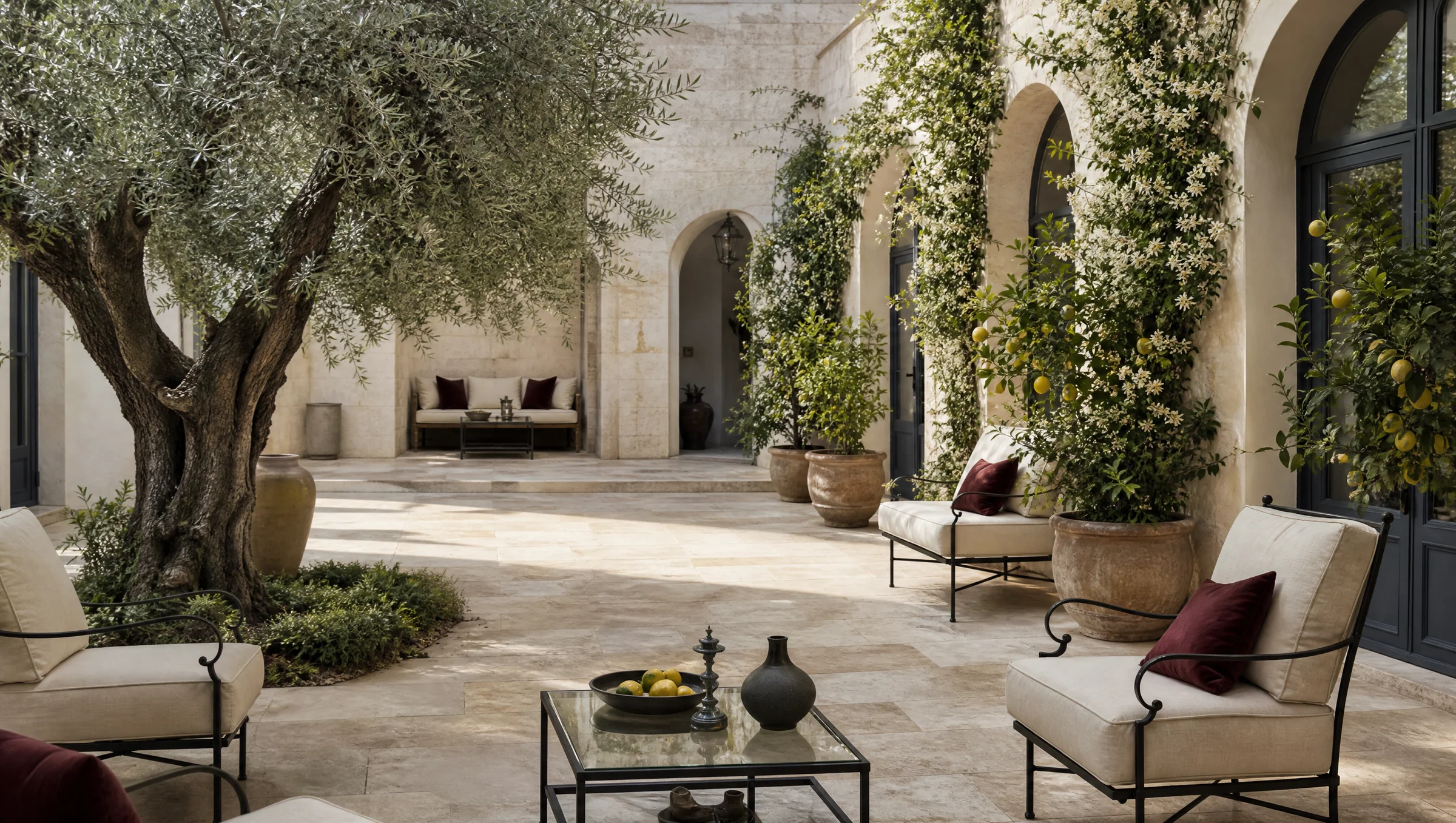A sunlit Mediterranean courtyard with an old olive tree, linen chairs, lemon trees and climbing jasmine