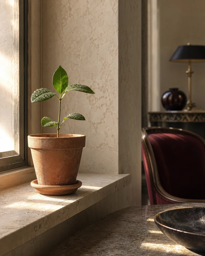 A small seedling in a terracotta pot on a stone windowsill in the first morning light
