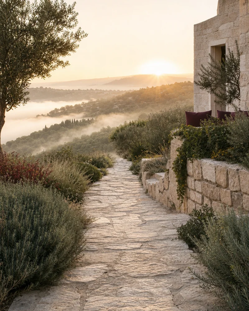 A stone path leading up through olive-covered hills toward the sunrise