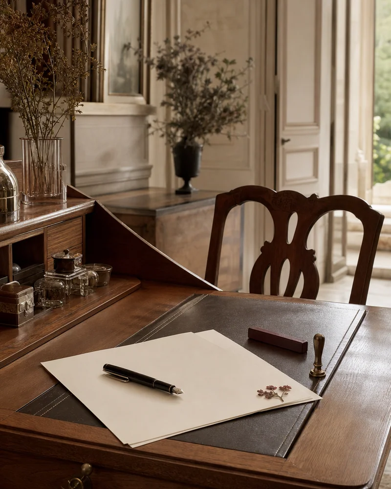 A writing desk with a fountain pen on blank cream paper, maroon sealing wax, a brass seal and a pressed flower